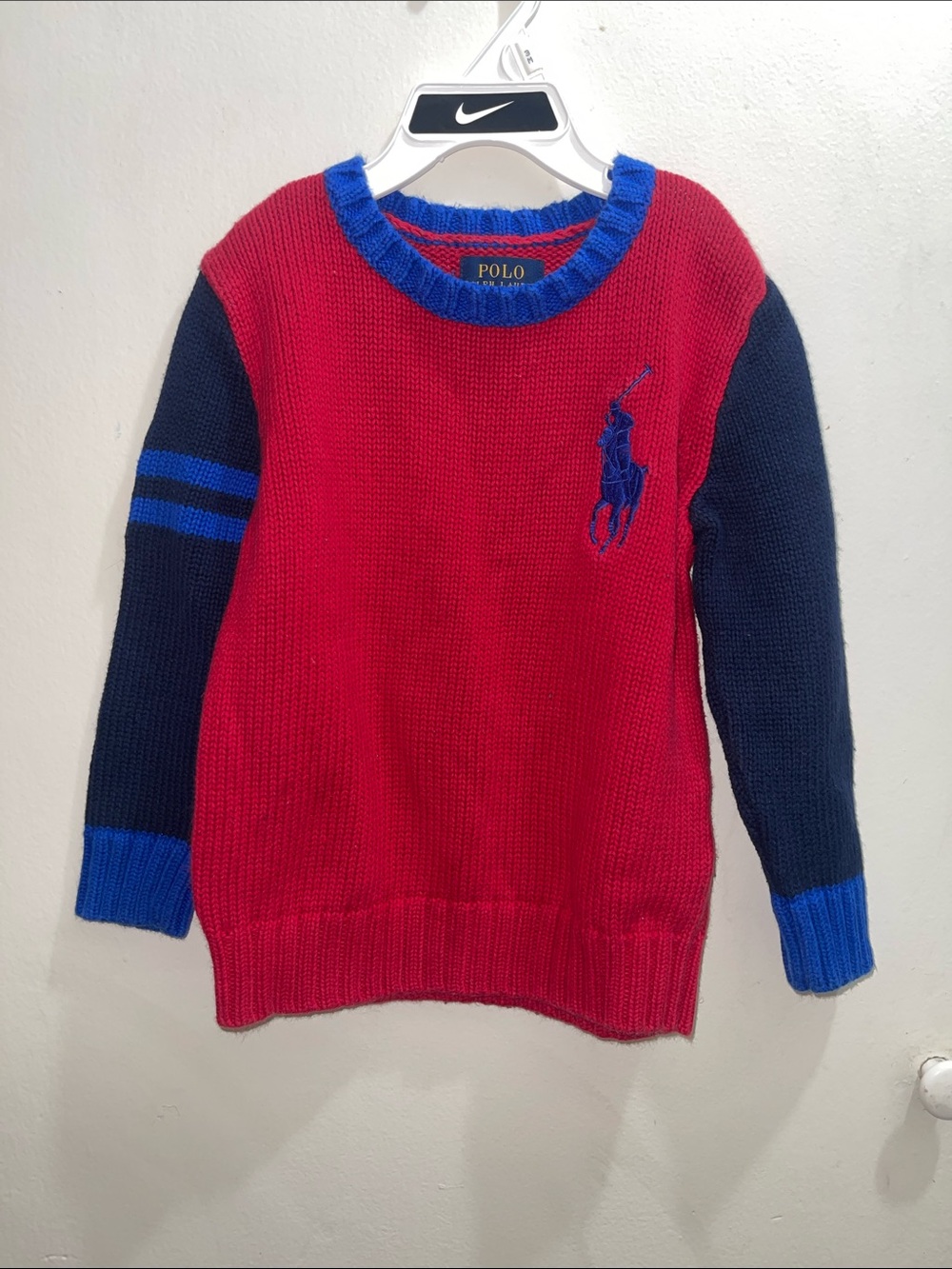 Polo by Ralph Lauren Kids Red Sweater with Navy Sleeves & Blue Trim Sz 4T